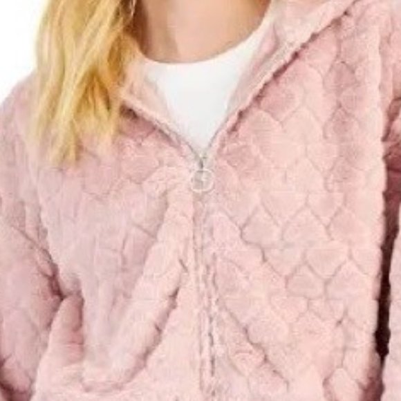 NWOT SET of [Crave Fame] Pink Sherpa Heart Print Zip-Up Hoodie & Pant - Sz M - Picture 5 of 9